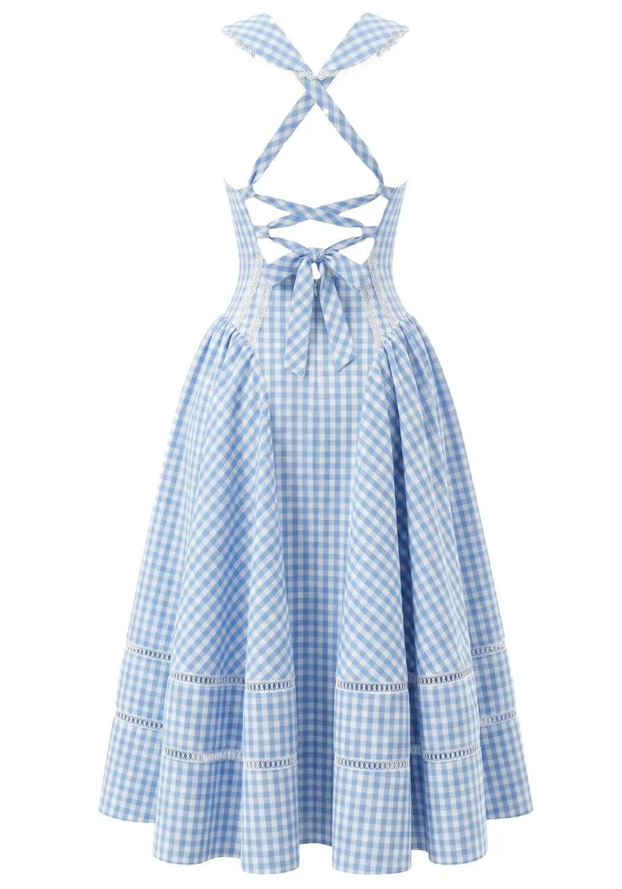 Gingham Corset A Line Midi Dress Blue