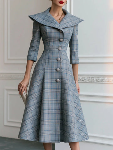 Plaid Portrait-Collar Button-Front A-Line Midi Dress