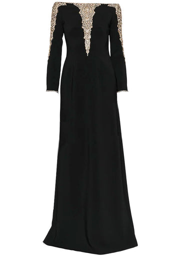 Long Sleeve Bardot Embellished Maxi Dress Black