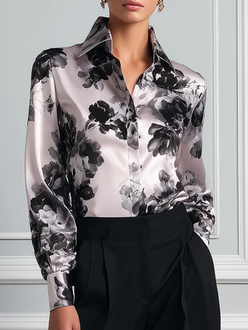 Ivory Black Floral Satin Button Front Blouse
