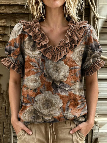 Women's Floral Art Print Ruffle V-Neck Puff Sleeve Top