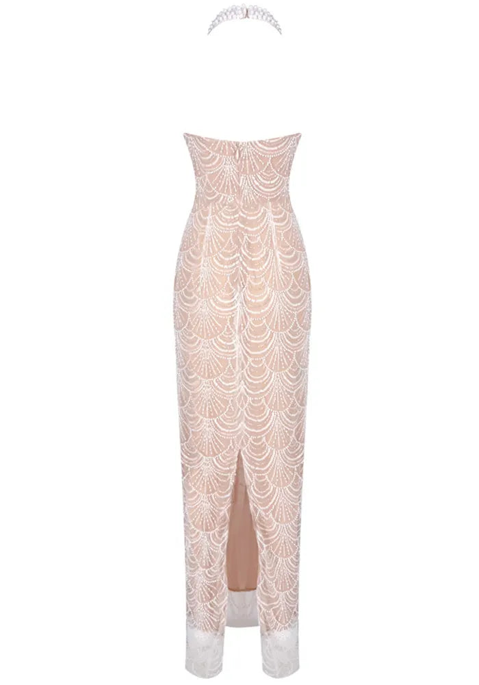 Halter Pearl Maxi Dress Nude