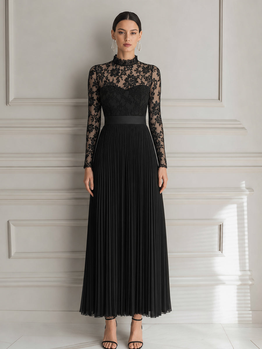 Elegant Floral Lace Pleated Chiffon Maxi Evening Dress