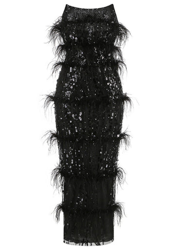 Strapless Feather Sequin Maxi Dress Black