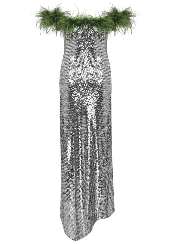 Feather Bardot Sequin Maxi Dress Silver Green