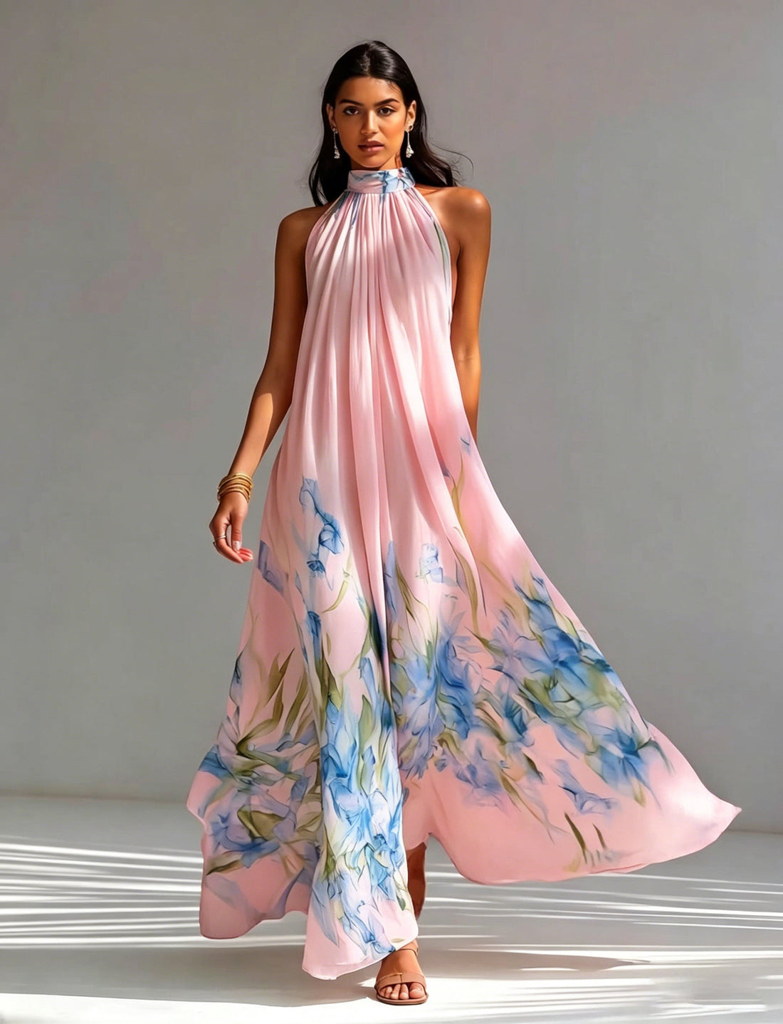 Bohemian-style Ink-wash Iris Print Halter-neck Sleeveless Maxi Dress