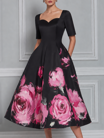 Black Watercolor Pink Rose Print Sweetheart Neck Fit And Flare Midi Dress