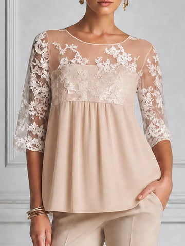 Ivory Lace Chiffon Empire Waist Blouse