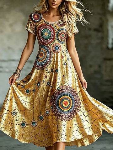 Women's Retro Mandala Geometric Pattern Casual Round Neck Dress