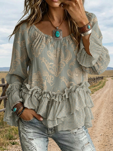 Vintage Art Print Casual Ruffle Shirt
