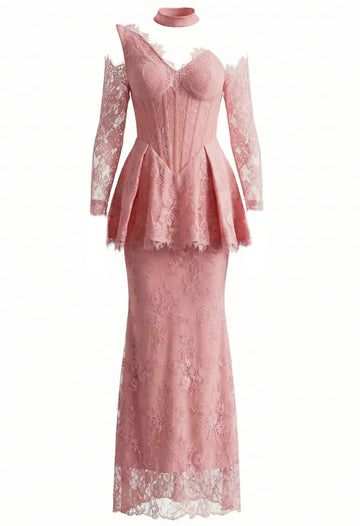 One Shoulder Lace Peplum Maxi Dress Pink