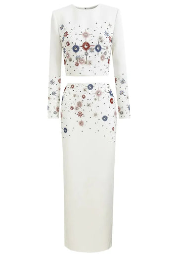 Long Sleeve Embellished Two Piece Maxi Dress White
