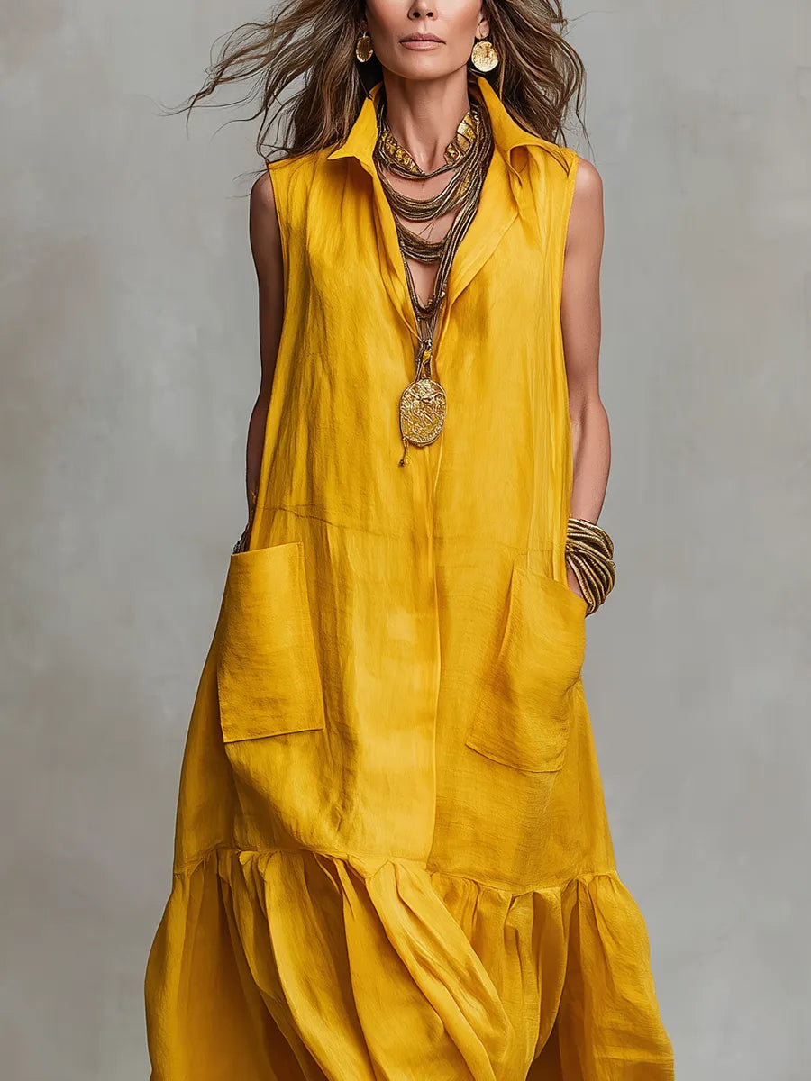 Bohemian Retro Mustard Yellow Pocket Maxi Dress