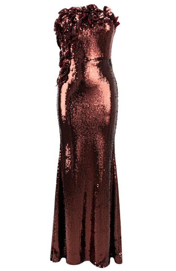 Strapless Sequin Floral Maxi Dress Brown