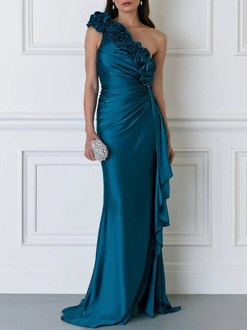 Teal Satin One-Shoulder Floral Applique Draped Evening Gown with Ruffle Slit