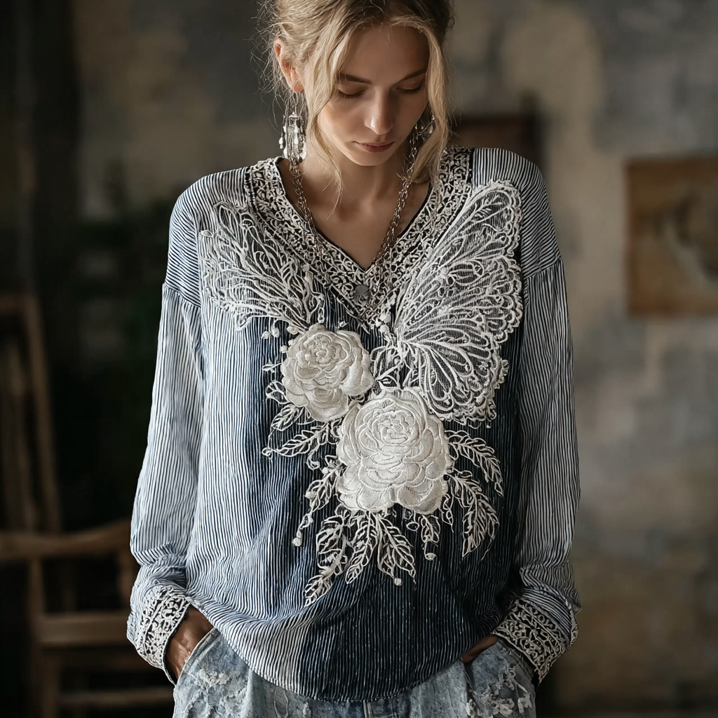 Butterfly Flower Embroidery Patchwork Striped Design Women's Summer Linen Top