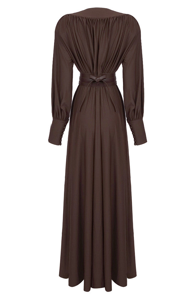 Long Sleeve Plunge V Neck Maxi Dress Brown