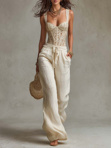 Bohemian Lace Bodycon Vest And Cotton Wide-Leg Pants Two-Piece Set