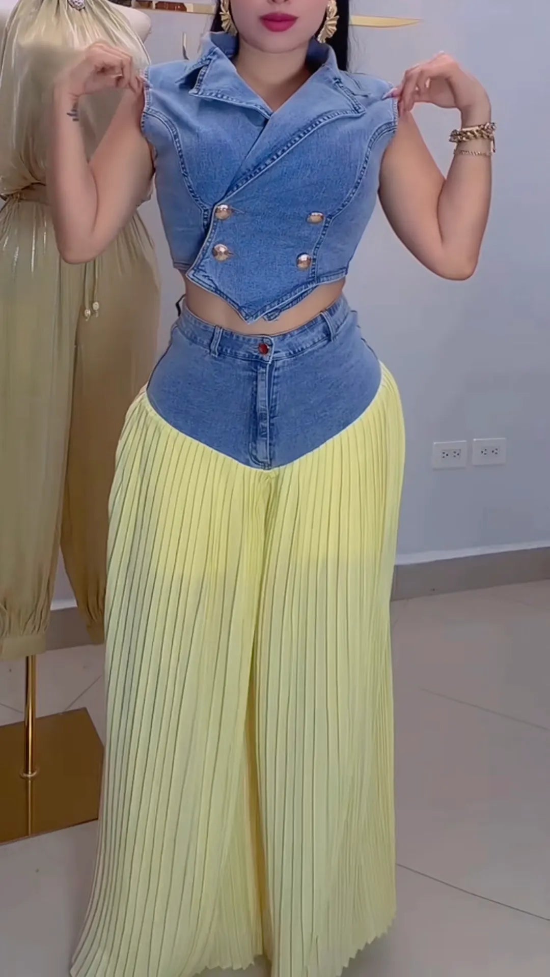 Denim Vest & White Pleated Wide Leg Pants Two Piece Set