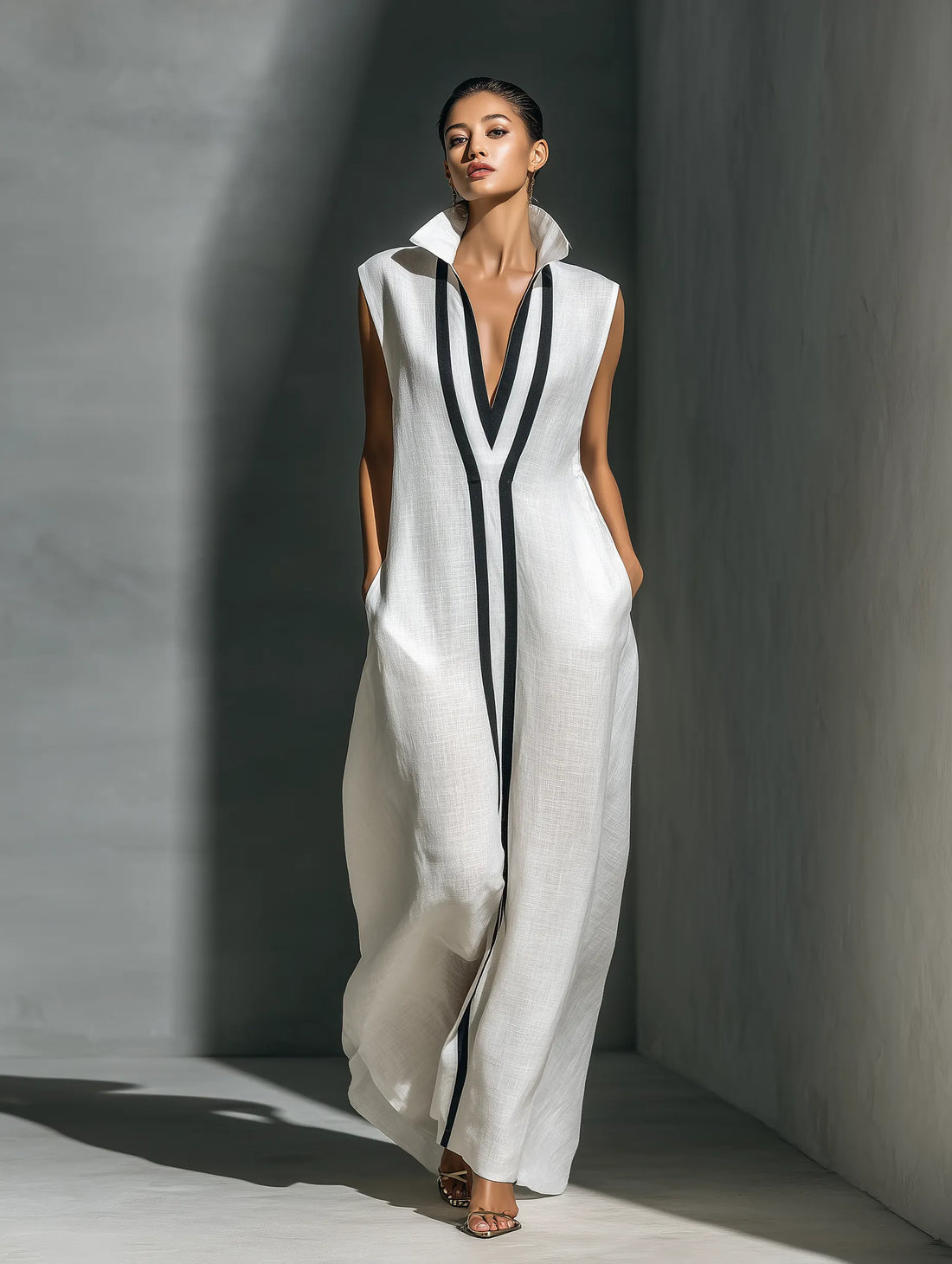 Women's White Linen Fabric Sleeveless Maxi Dress With Black Contrast Trim MDZ1973A8T