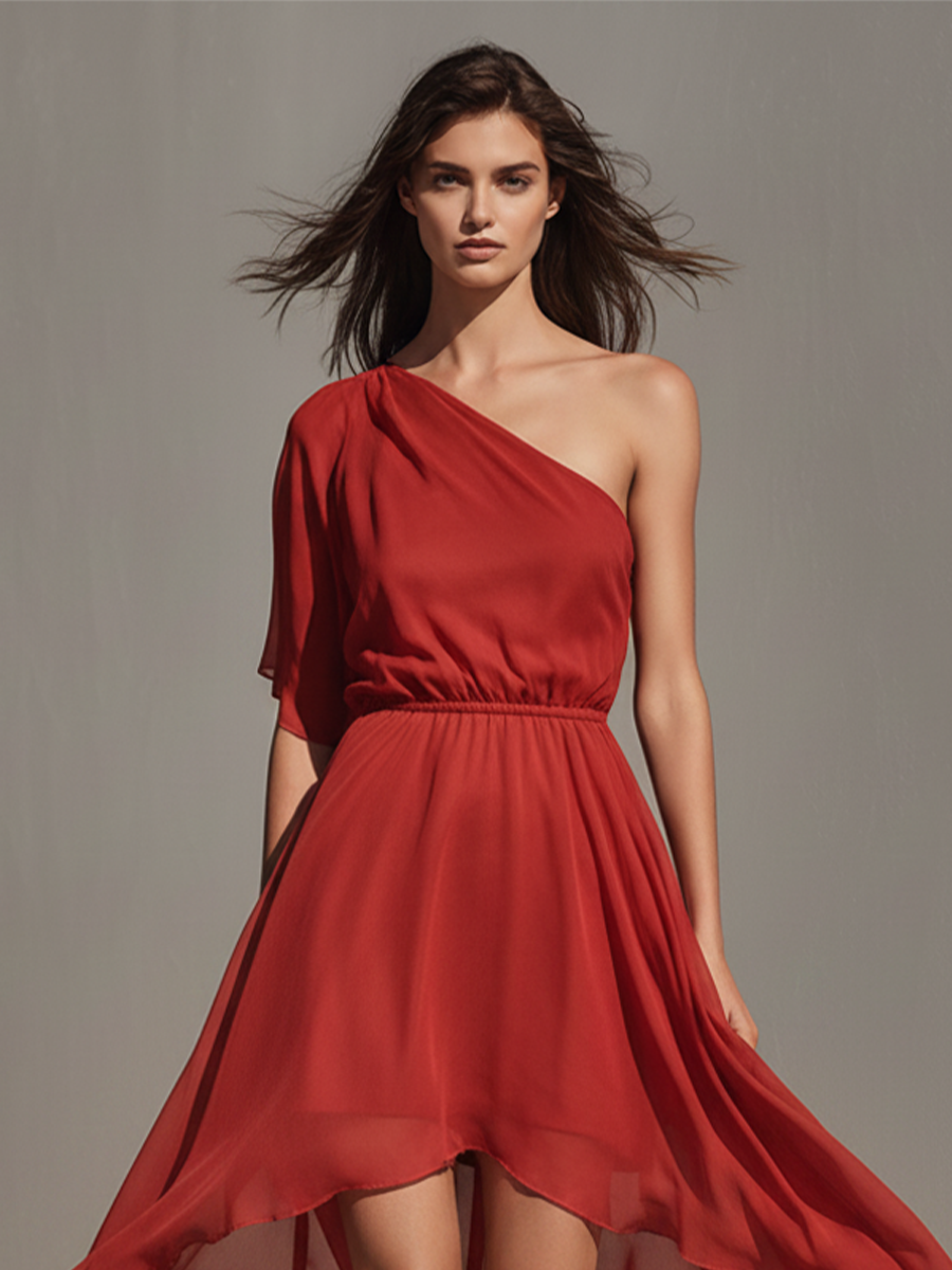 Women's Red Chiffon One-Shoulder Dress With Elastic Waist & High-Low Hem, Timeless Romantic-Chic Party Dress MDZ2339D6LYL