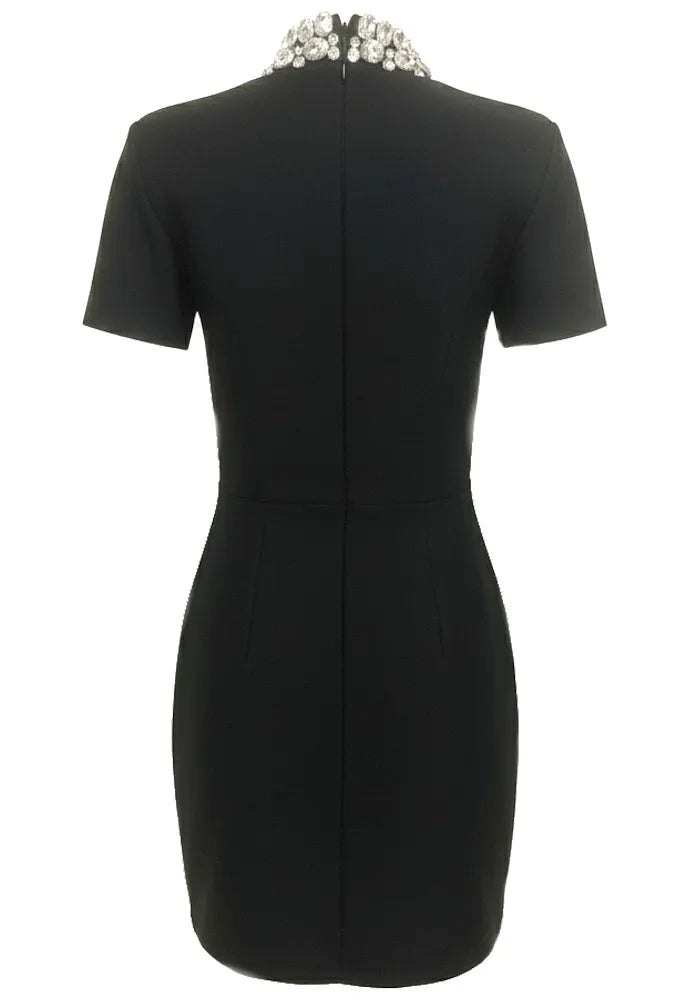 Short Sleeve Crystal Neck Dress Black
