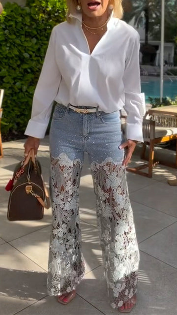 Women's Lapel Shirt + Paneled Cutout Jeans Set