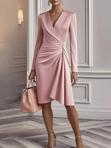 Solid color long-sleeved V-neck pleated dress