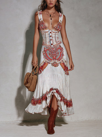 Cotton Blend Bohemian Print Midi Dress With Deep V-Neck And Button Front