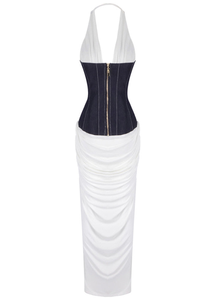 Halter Corset Draped Maxi Dress White