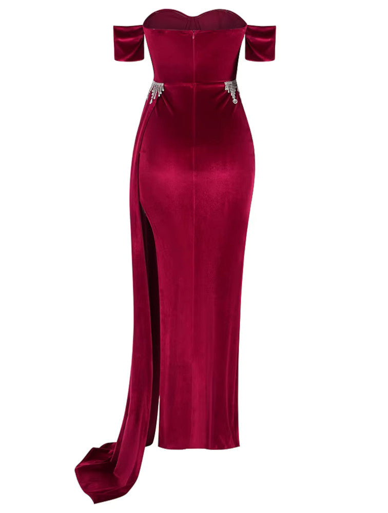 Bardot Structured Crystal Maxi Velvet Dress Red