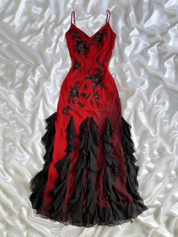 Fairy-Tale Dress, Red Ruffled Black Long Chiffon Dress With Delicate Floral Beading.