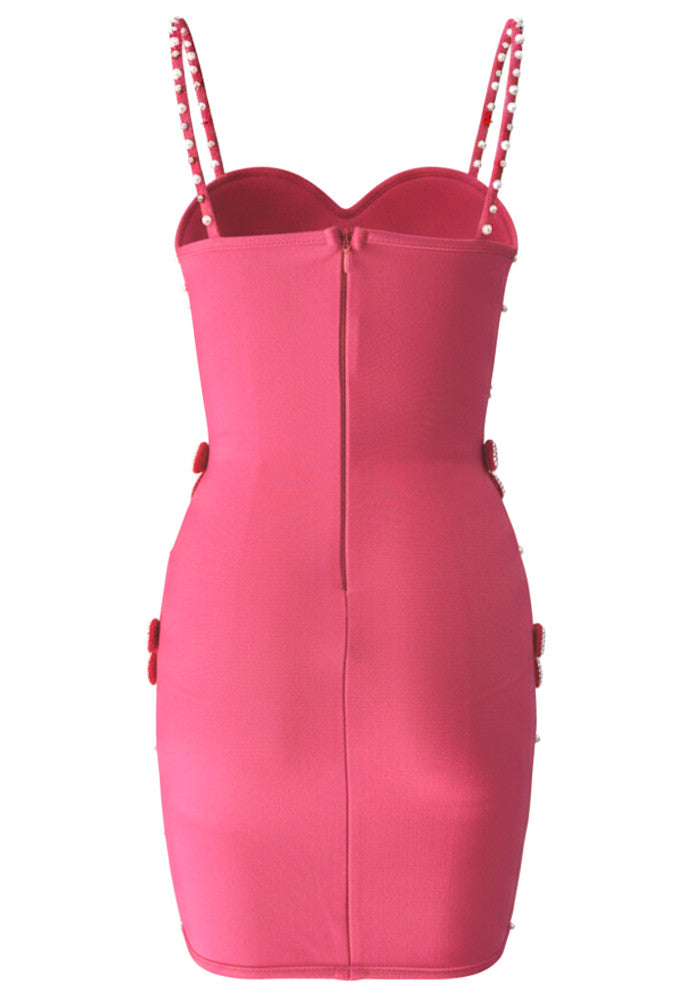 Crystal Pearl Embellished Dress Hot Pink