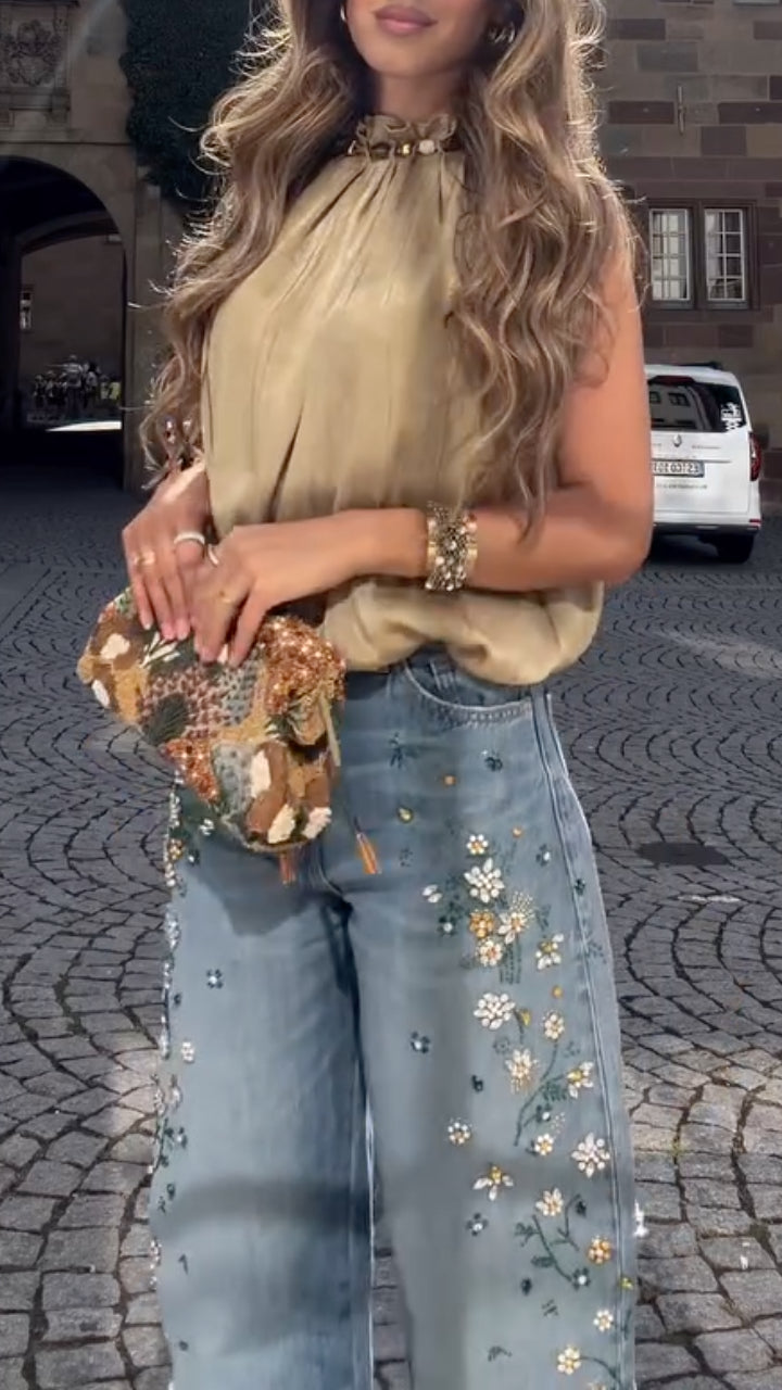 Satin Halter Top & Floral Embroidery Wide Leg Denim Jeans
