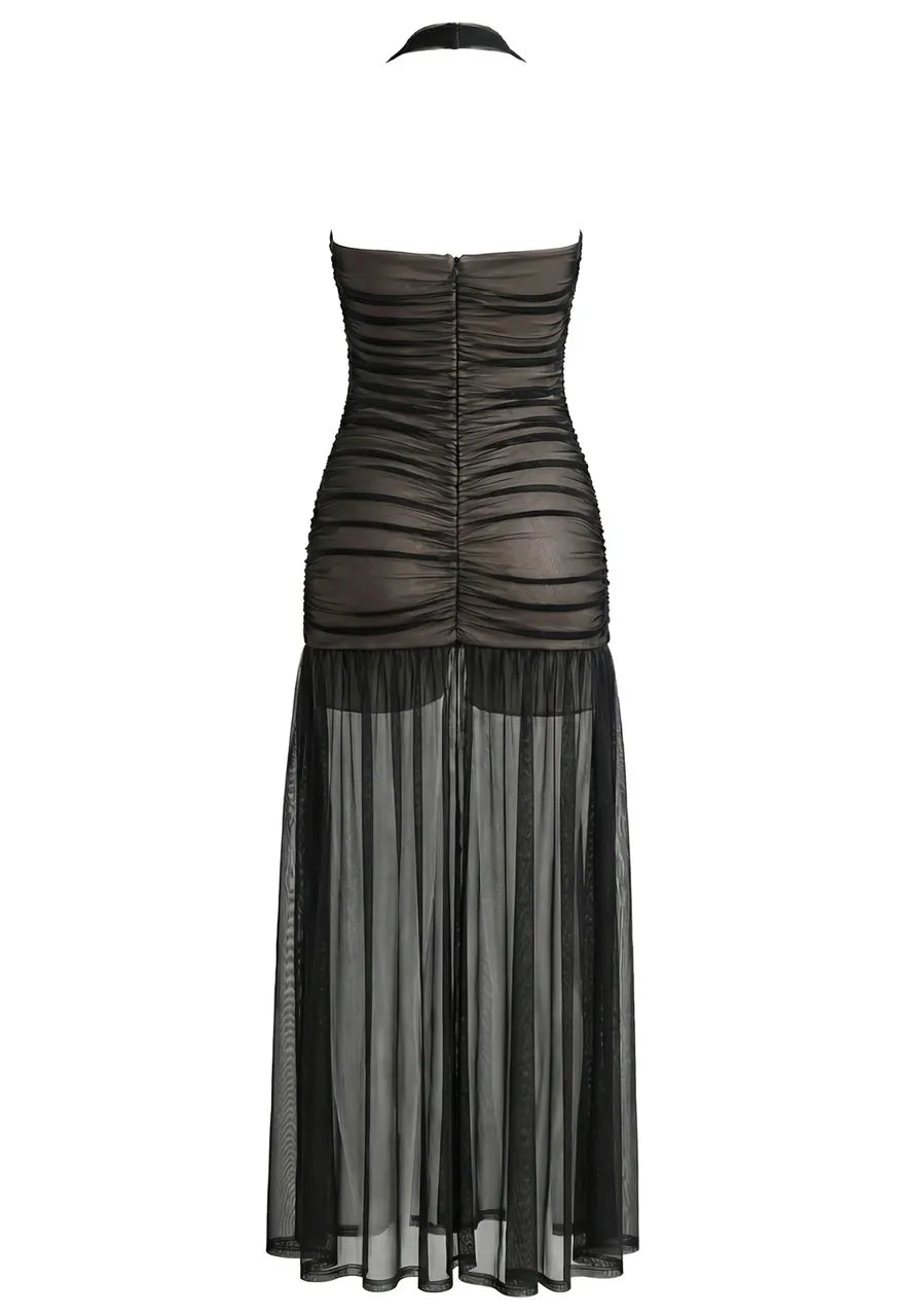 Halter Ruched Mesh Maxi Dress Black