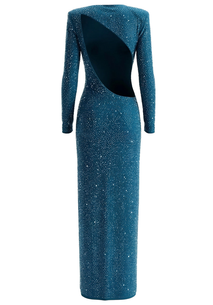 Long Sleeve Embellished Backless Maxi Dress Teal