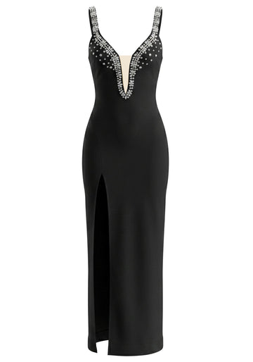 Crystal Embellished V Neck Maxi Dress Black