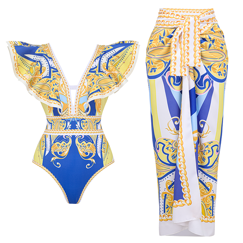 Ruffle V Neck Pattern Print One Piece Swimsuit and Sarong or Pants