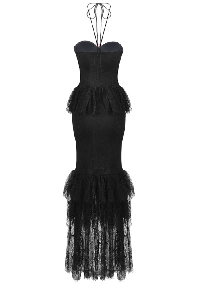Halter Floral Lace Ruffle Maxi Dress Black