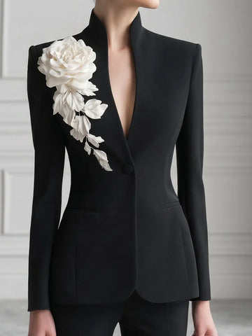 Sculptural Floral Appliqué Tailored Blazer