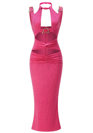 Halter Crystal Ruched Maxi Dress Hot Pink