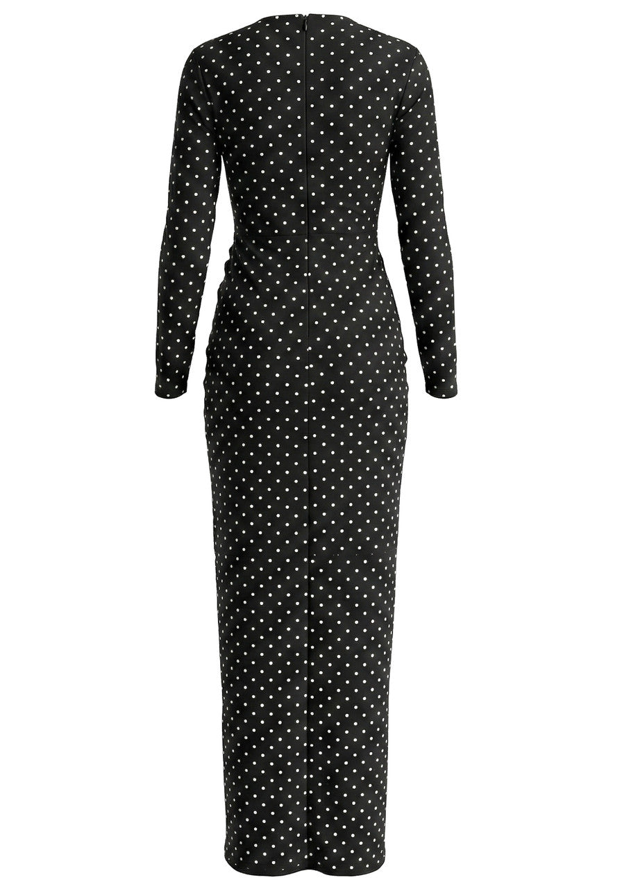 Long Sleeve Draped Polka Dot Maxi Dress Black
