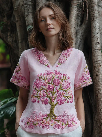Women's Tree Of Life Breast Cancer Ribbon T-shirt