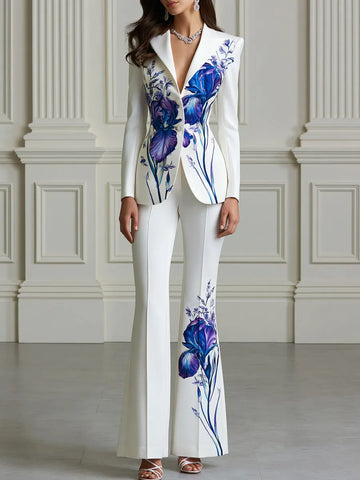 Iris Printed Fitted Blazer & Flared Pants Two-Piece Suit Set