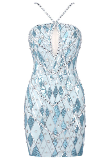 Halter Crystal Sequin Dress Blue