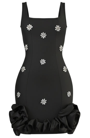 Crystal Embellished Floral Bubble Detail Dress Black