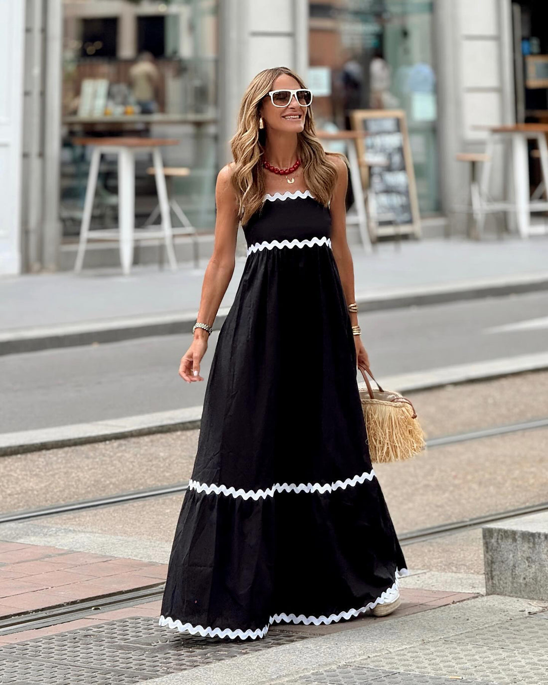 Sling Solid Color Wave Midi Dress