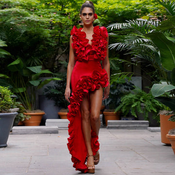 Red Flower Frilled V Neck One Piece Swimsuit and Skirt