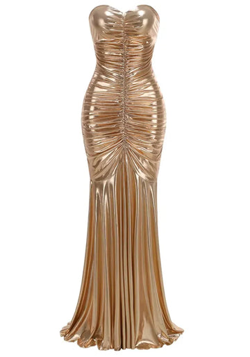 Strapless Ruched Mermaid Maxi Dress Gold