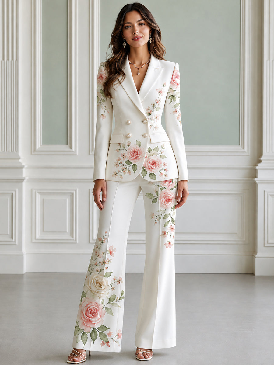 Floral Print Double Breasted Blazer & Flared Pants Suit